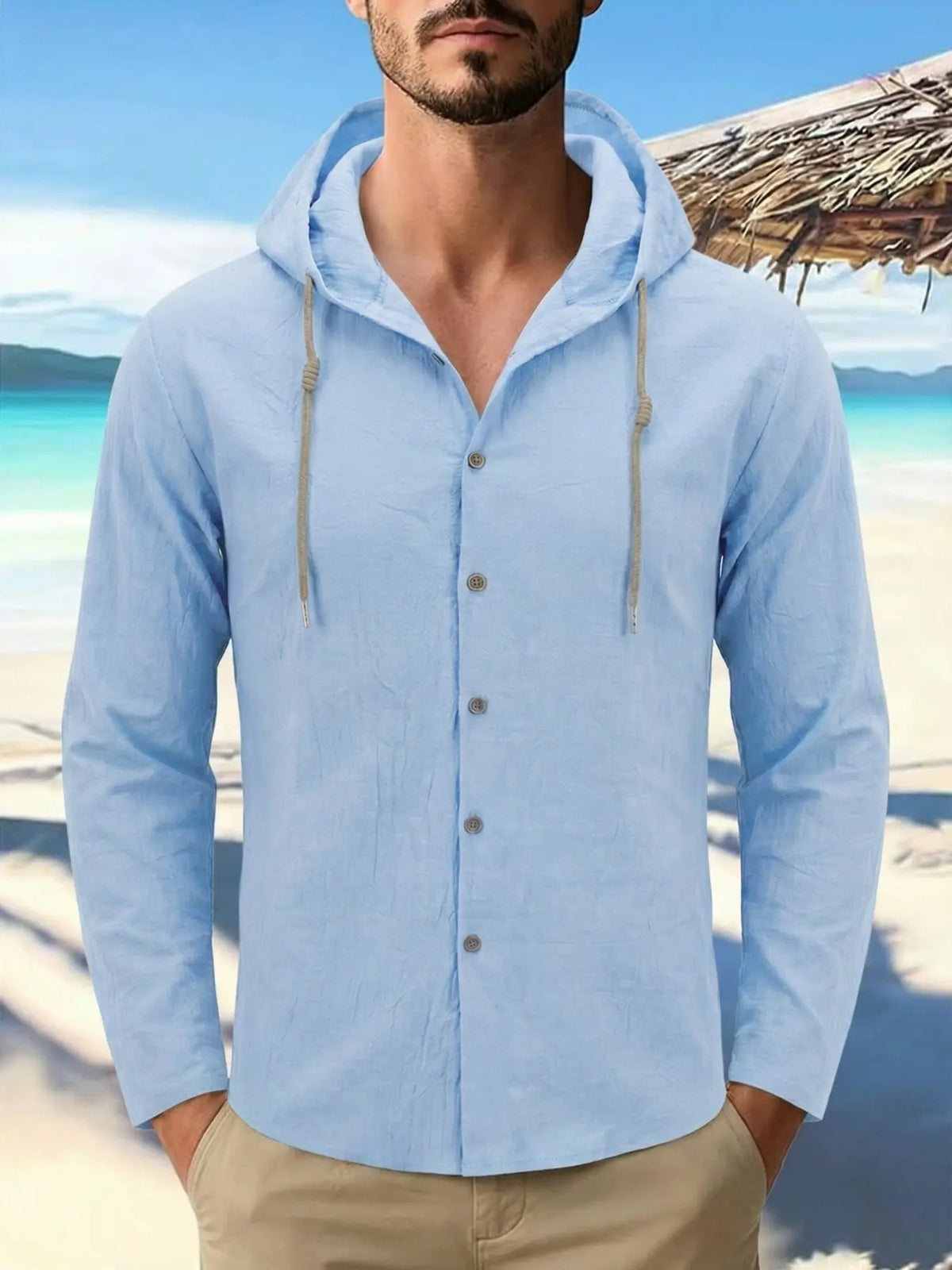 Men'S Fashion Classic Casual Street Wear Beach Outdoor Hooded Long Sleeve Cardigan, Breathable Lightweight Linen Fabric Shirt, 95% Linen 5% Polyester, All Seasons Wear Menswear