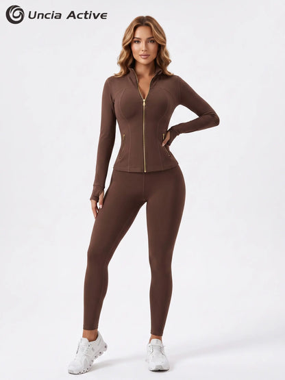 Uncia Active Women'S 2-Piece Slim-Fit Athletic Sports Set - Gold-Zipper Jacket, High-Stretch Hip-Shaping Leggings for Yoga, Gym,Back to School,Back to School Haul