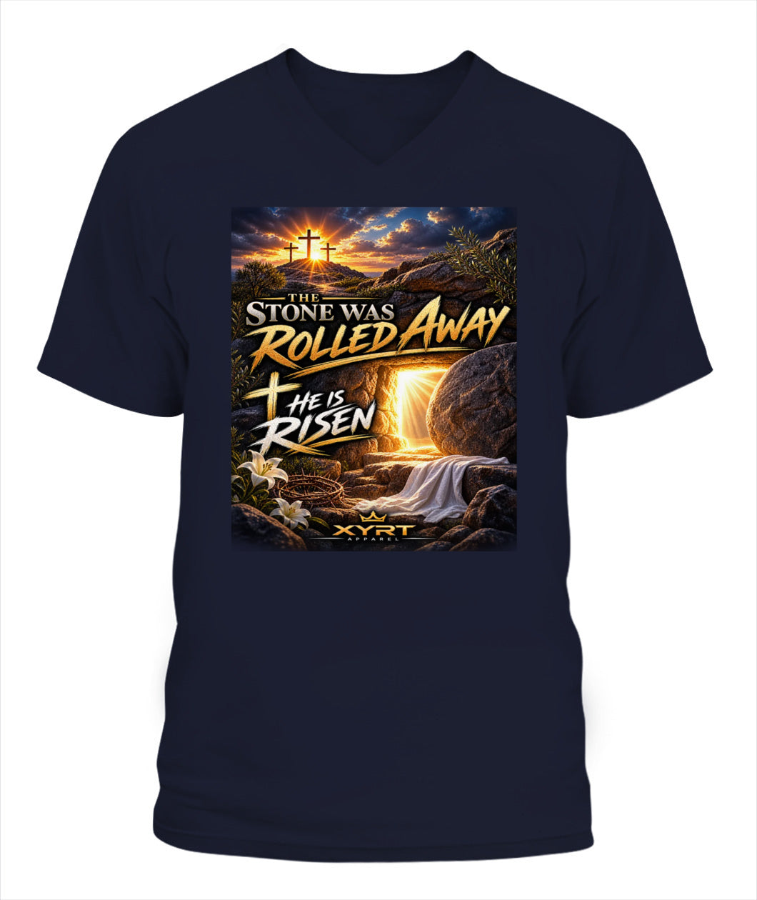 XYRT Apparel Faith Collection - 'He has Risen' Mens V-Neck T-Shirt 