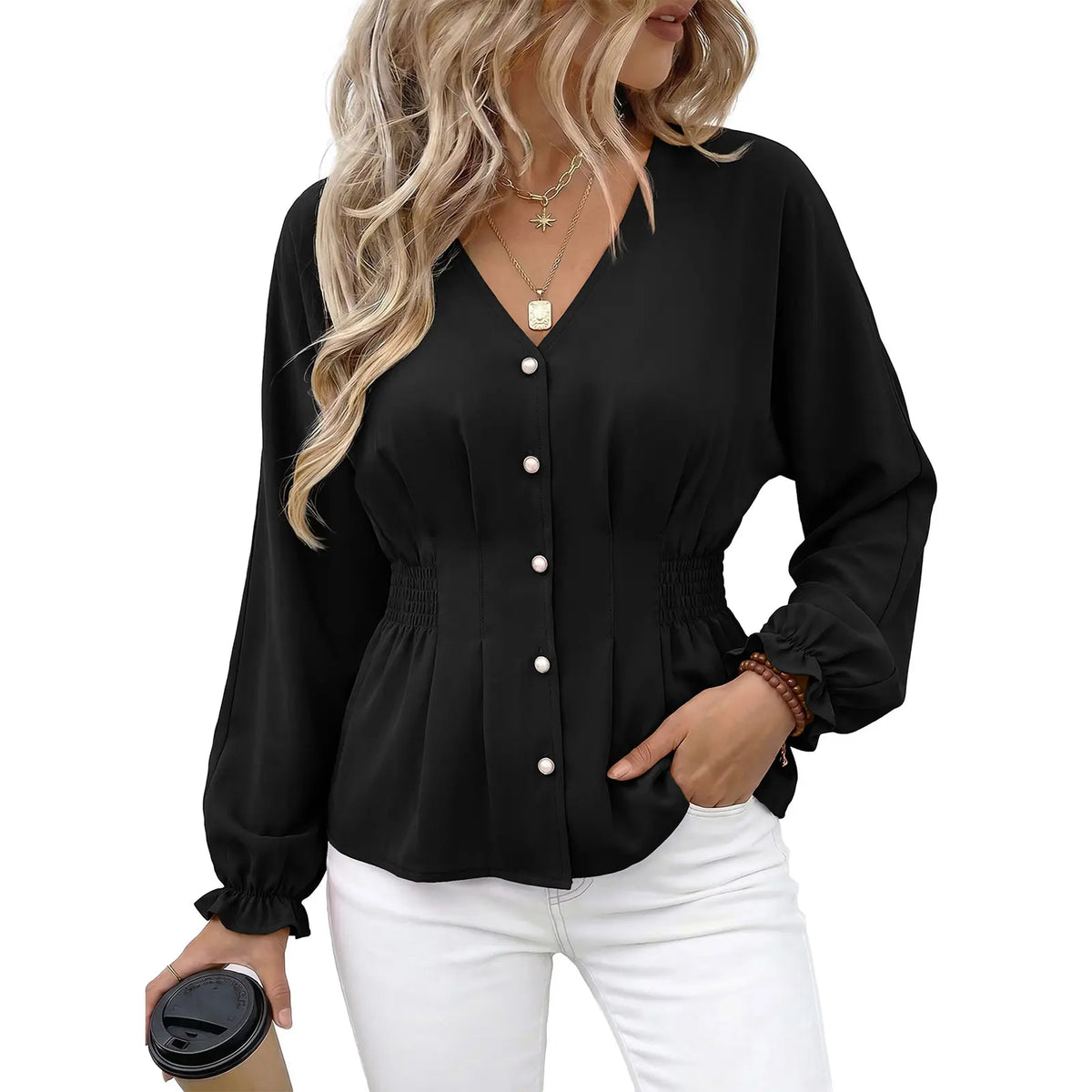 EVALESS Women'S Fitted V Neck Tops Button Long Sleeve Solid Color Blouse 2026 Womenswear Deals for You Days Summer Outfits,Back to School,Back to School Shopping