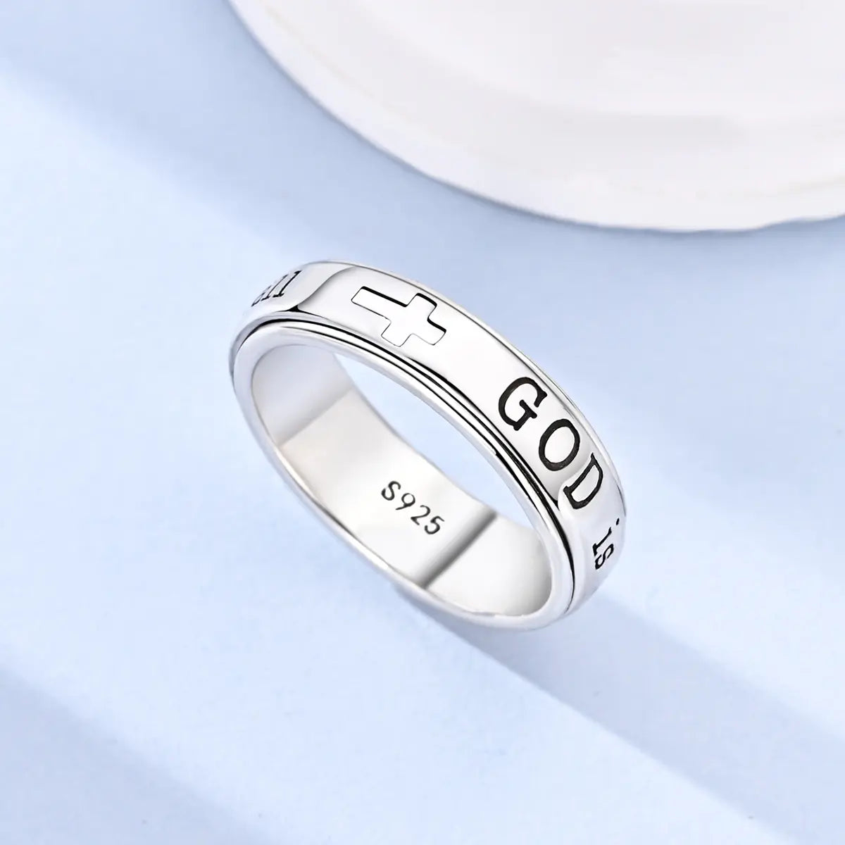 MULA Women'S 925 Silver-Plated Spinner Ring, Christian Fidget Jewelry with Engraved Psalm 46:5 Verse and Holy Cross for Anxiety Relief, Inspirational Message Gift for Resilience, Strength, Gift of Encouragement, Calming Spinner