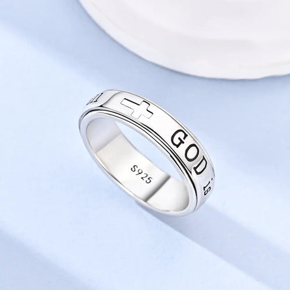 MULA Women'S 925 Silver-Plated Spinner Ring, Christian Fidget Jewelry with Engraved Psalm 46:5 Verse and Holy Cross for Anxiety Relief, Inspirational Message Gift for Resilience, Strength, Gift of Encouragement, Calming Spinner