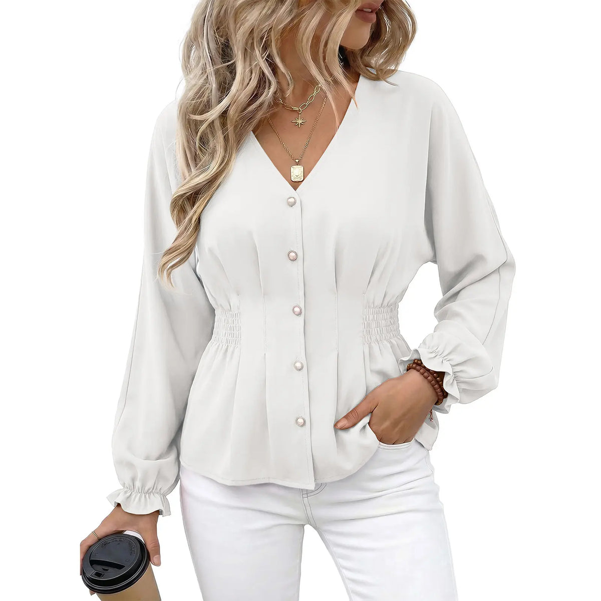 EVALESS Women'S Fitted V Neck Tops Button Long Sleeve Solid Color Blouse 2026 Womenswear Deals for You Days Summer Outfits,Back to School,Back to School Shopping