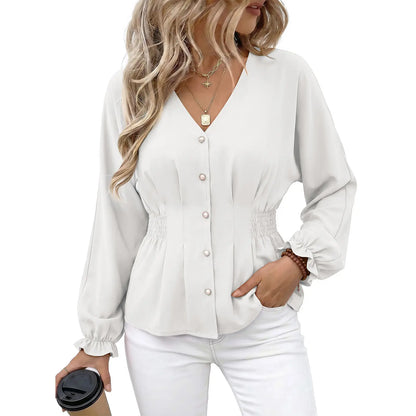 EVALESS Women'S Fitted V Neck Tops Button Long Sleeve Solid Color Blouse 2026 Womenswear Deals for You Days Summer Outfits,Back to School,Back to School Shopping