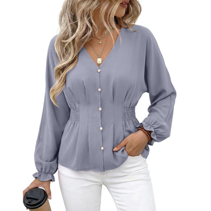 EVALESS Women'S Fitted V Neck Tops Button Long Sleeve Solid Color Blouse 2026 Womenswear Deals for You Days Summer Outfits,Back to School,Back to School Shopping