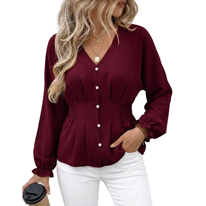 EVALESS Women'S Fitted V Neck Tops Button Long Sleeve Solid Color Blouse 2026 Womenswear Deals for You Days Summer Outfits,Back to School,Back to School Shopping