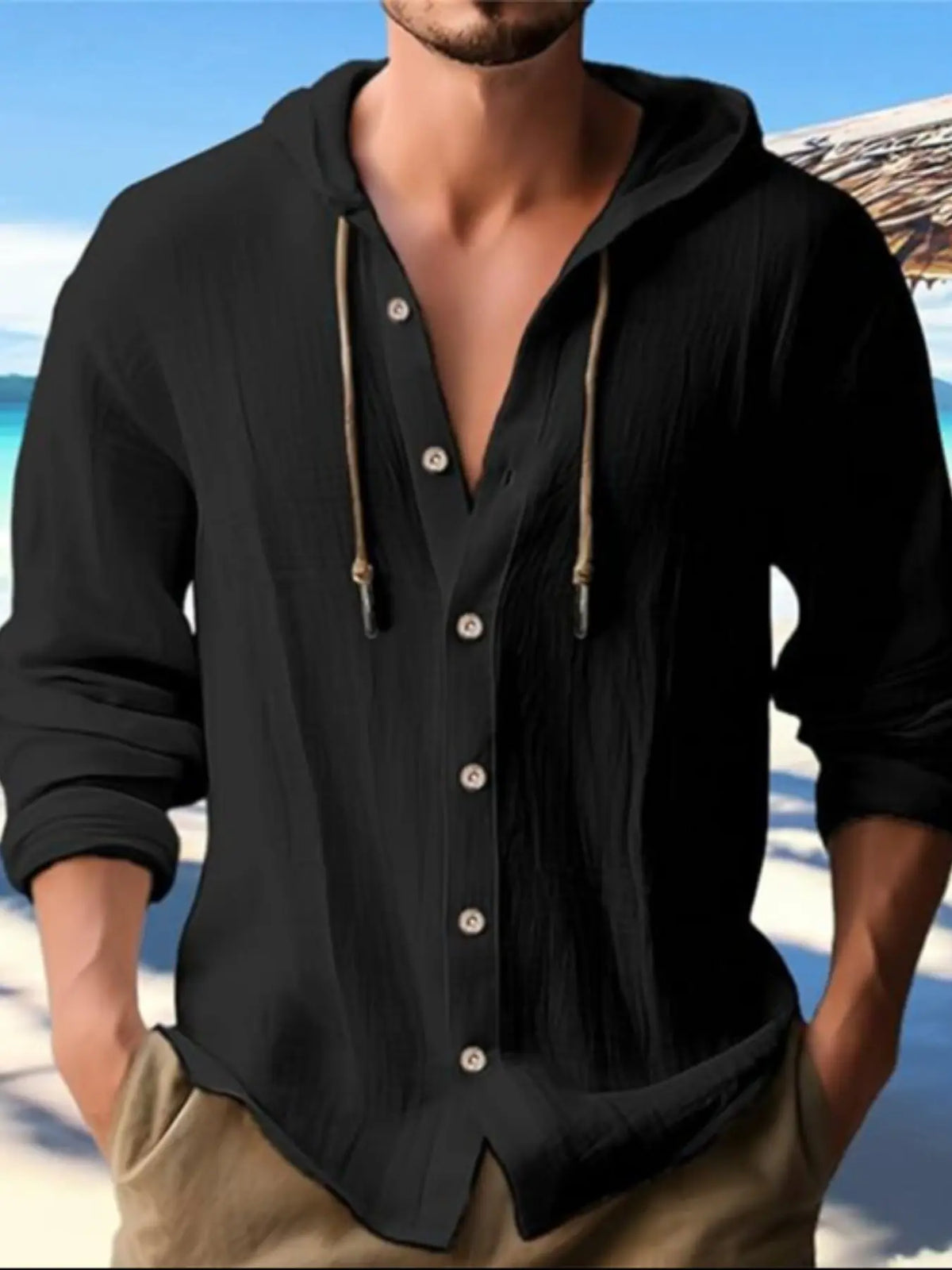 Men'S Fashion Classic Casual Street Wear Beach Outdoor Hooded Long Sleeve Cardigan, Breathable Lightweight Linen Fabric Shirt, 95% Linen 5% Polyester, All Seasons Wear Menswear