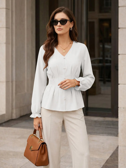 EVALESS Women'S Fitted V Neck Tops Button Long Sleeve Solid Color Blouse 2026 Womenswear Deals for You Days Summer Outfits,Back to School,Back to School Shopping