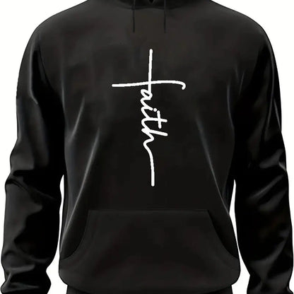 Men'S Autumn and Winter Casual Fashion Loose Faith Print Long Sleeved Hooded Sweatshirt Warm Sports Pullover