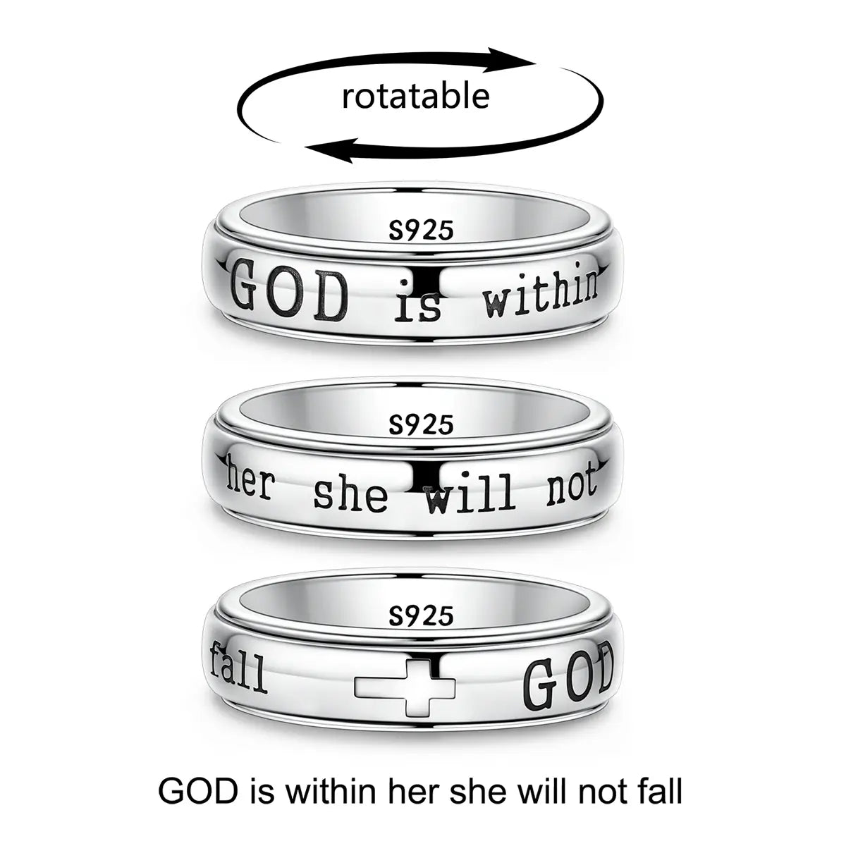 MULA Women'S 925 Silver-Plated Spinner Ring, Christian Fidget Jewelry with Engraved Psalm 46:5 Verse and Holy Cross for Anxiety Relief, Inspirational Message Gift for Resilience, Strength, Gift of Encouragement, Calming Spinner