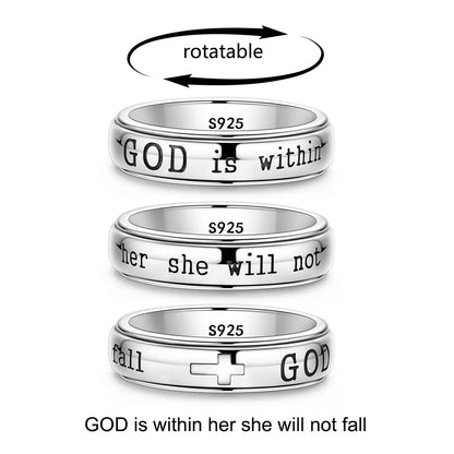 MULA Women'S 925 Silver-Plated Spinner Ring, Christian Fidget Jewelry with Engraved Psalm 46:5 Verse and Holy Cross for Anxiety Relief, Inspirational Message Gift for Resilience, Strength, Gift of Encouragement, Calming Spinner