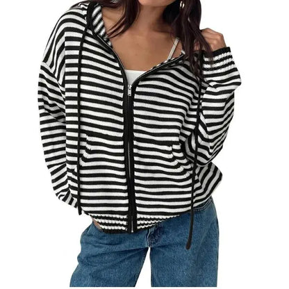 Fisoew Womens Striped Zip up Hoodie Long Sleeve Cardigan Sweatshirts Oversized Crop Sweaters Jackets Y2K Fall Outfits,Clothes for Back to School,First Day of School Outfits