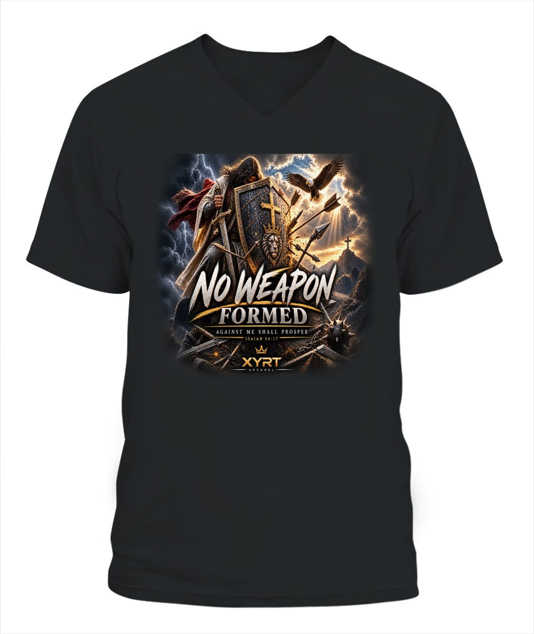 XYRT Apparel Faith Collection -  'No Weapons Formed Against Me' Mens V-Neck T-Shirt 