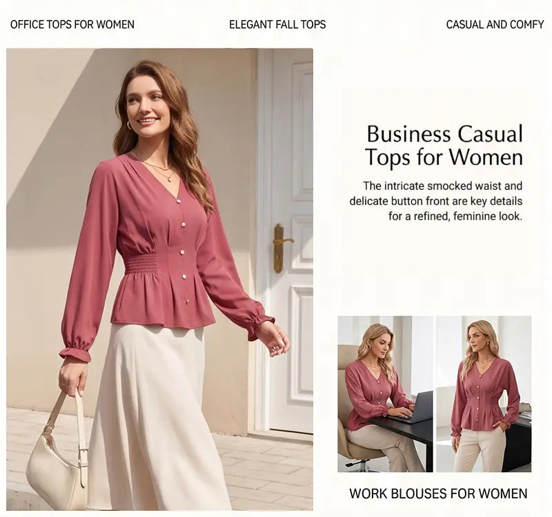 EVALESS Women'S Fitted V Neck Tops Button Long Sleeve Solid Color Blouse 2026 Womenswear Deals for You Days Summer Outfits,Back to School,Back to School Shopping