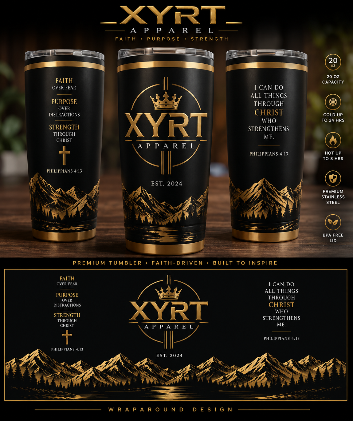 XYRT Apparel Faith & Strength 20oz Premium Tumbler / Philippians 4:13