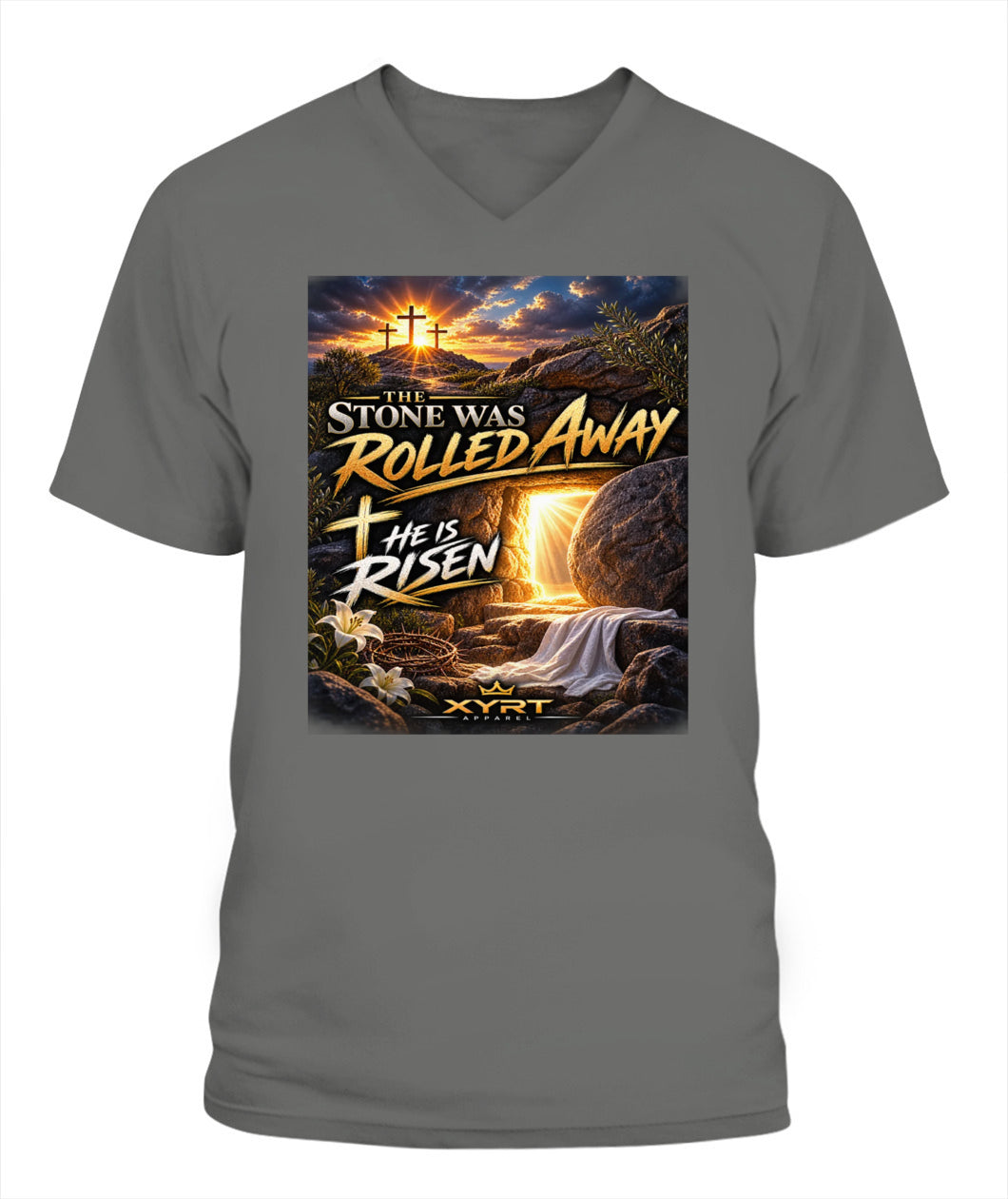 XYRT Apparel Faith Collection - 'He has Risen' Mens V-Neck T-Shirt 
