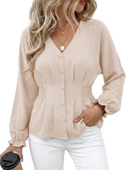 EVALESS Women'S Fitted V Neck Tops Button Long Sleeve Solid Color Blouse 2026 Womenswear Deals for You Days Summer Outfits,Back to School,Back to School Shopping