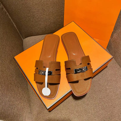 Women'S Flat Sandals with Metal Buckle - Stylish Versatile Spring/Summer New Arrivals Slide Walking Shoes for Girls