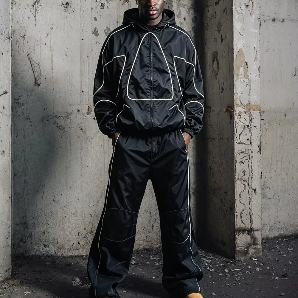 Custom Men'S Reflective Stripe Nylon Tracksuit Set High-Quality Windbreaker Tracksuit Windproof Zip-Up Jacket and Long Pants Set