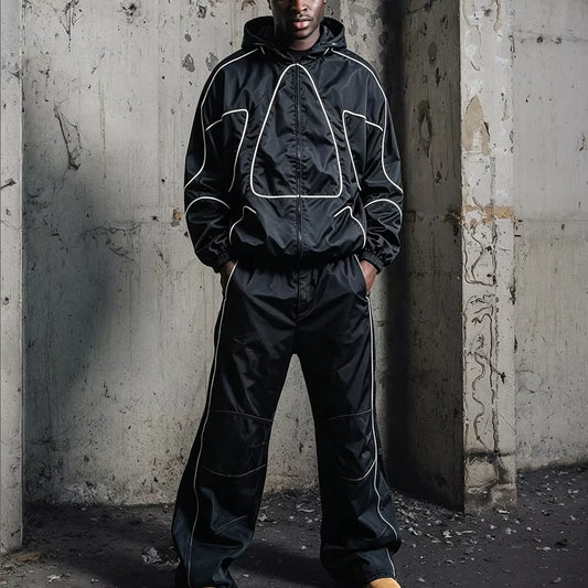 Custom Men'S Reflective Stripe Nylon Tracksuit Set High-Quality Windbreaker Tracksuit Windproof Zip-Up Jacket and Long Pants Set
