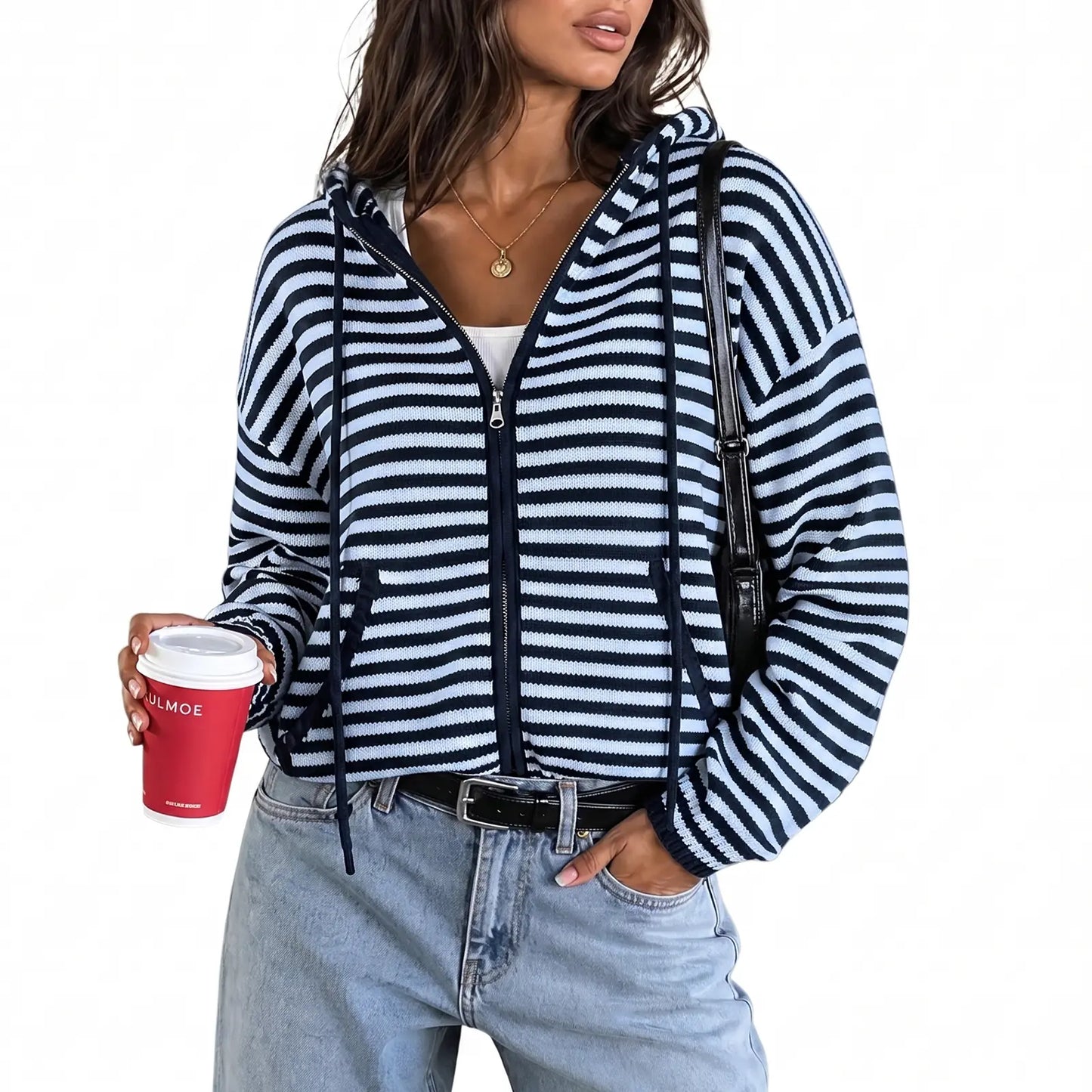 Fisoew Womens Striped Zip up Hoodie Long Sleeve Cardigan Sweatshirts Oversized Crop Sweaters Jackets Y2K Fall Outfits,Clothes for Back to School,First Day of School Outfits