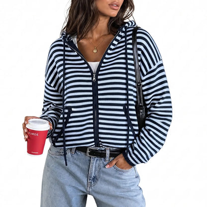 Fisoew Womens Striped Zip up Hoodie Long Sleeve Cardigan Sweatshirts Oversized Crop Sweaters Jackets Y2K Fall Outfits,Clothes for Back to School,First Day of School Outfits