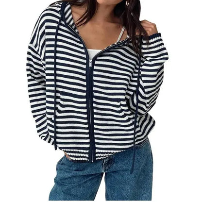 Fisoew Womens Striped Zip up Hoodie Long Sleeve Cardigan Sweatshirts Oversized Crop Sweaters Jackets Y2K Fall Outfits,Clothes for Back to School,First Day of School Outfits