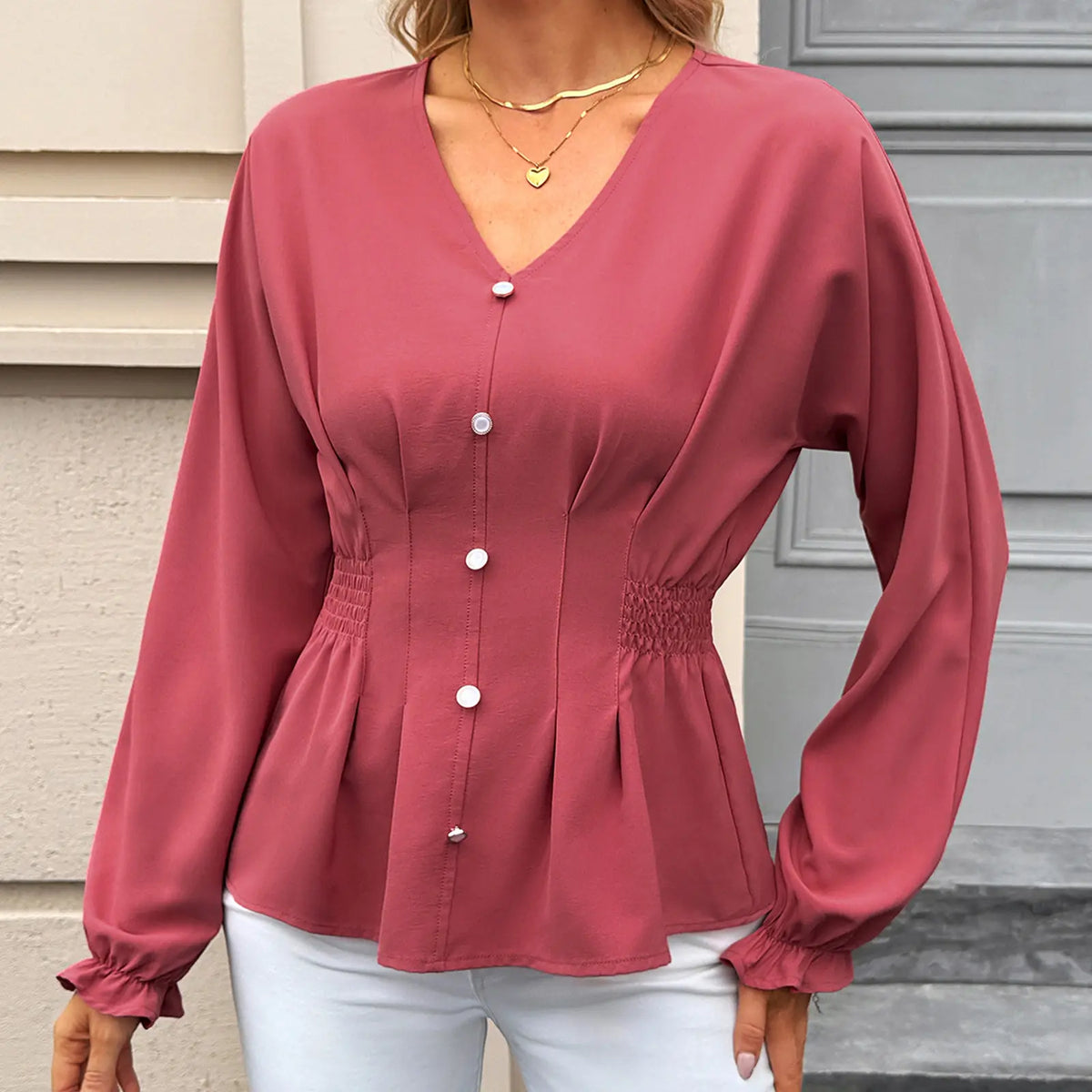 EVALESS Women'S Fitted V Neck Tops Button Long Sleeve Solid Color Blouse 2026 Womenswear Deals for You Days Summer Outfits,Back to School,Back to School Shopping