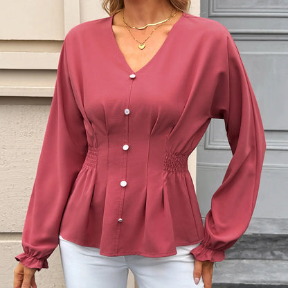 EVALESS Women'S Fitted V Neck Tops Button Long Sleeve Solid Color Blouse 2026 Womenswear Deals for You Days Summer Outfits,Back to School,Back to School Shopping