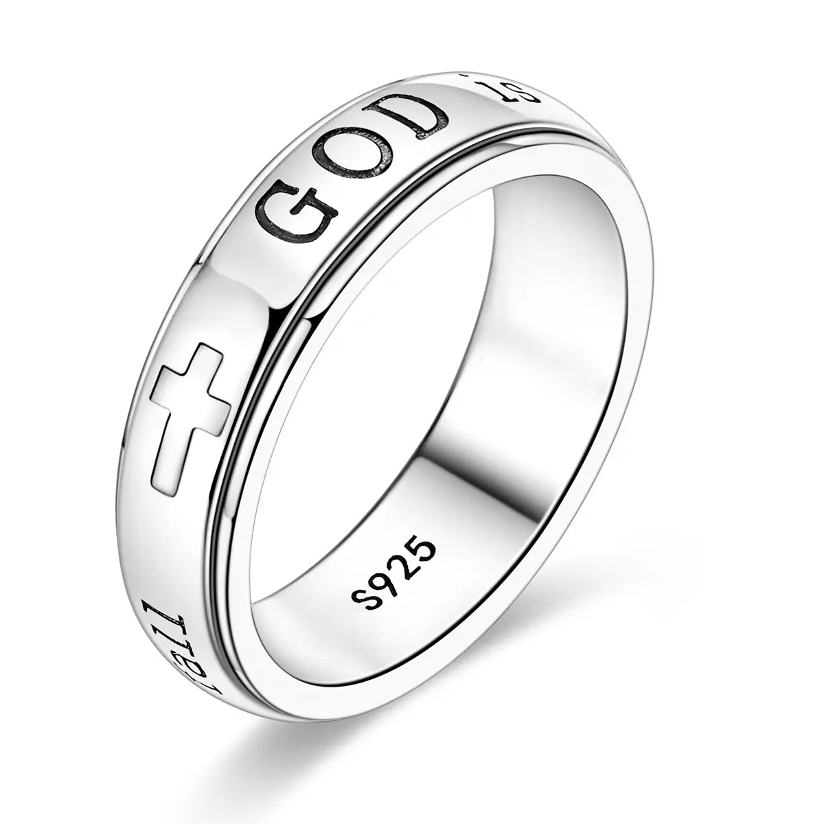 MULA Women'S 925 Silver-Plated Spinner Ring, Christian Fidget Jewelry with Engraved Psalm 46:5 Verse and Holy Cross for Anxiety Relief, Inspirational Message Gift for Resilience, Strength, Gift of Encouragement, Calming Spinner