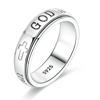 MULA Women'S 925 Silver-Plated Spinner Ring, Christian Fidget Jewelry with Engraved Psalm 46:5 Verse and Holy Cross for Anxiety Relief, Inspirational Message Gift for Resilience, Strength, Gift of Encouragement, Calming Spinner