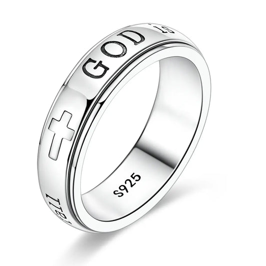 MULA Women'S 925 Silver-Plated Spinner Ring, Christian Fidget Jewelry with Engraved Psalm 46:5 Verse and Holy Cross for Anxiety Relief, Inspirational Message Gift for Resilience, Strength, Gift of Encouragement, Calming Spinner
