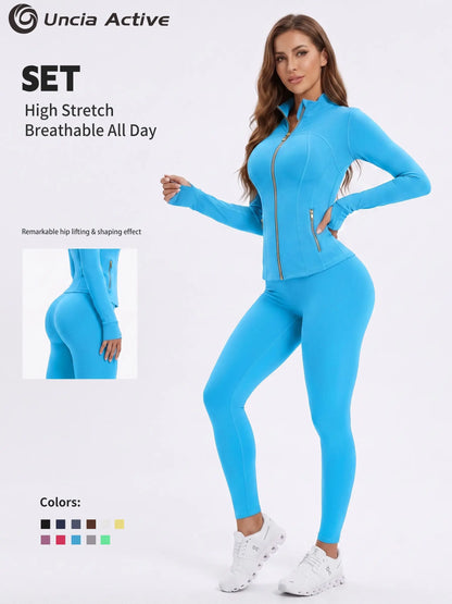 Uncia Active Women'S 2-Piece Slim-Fit Athletic Sports Set - Gold-Zipper Jacket, High-Stretch Hip-Shaping Leggings for Yoga, Gym,Back to School,Back to School Haul