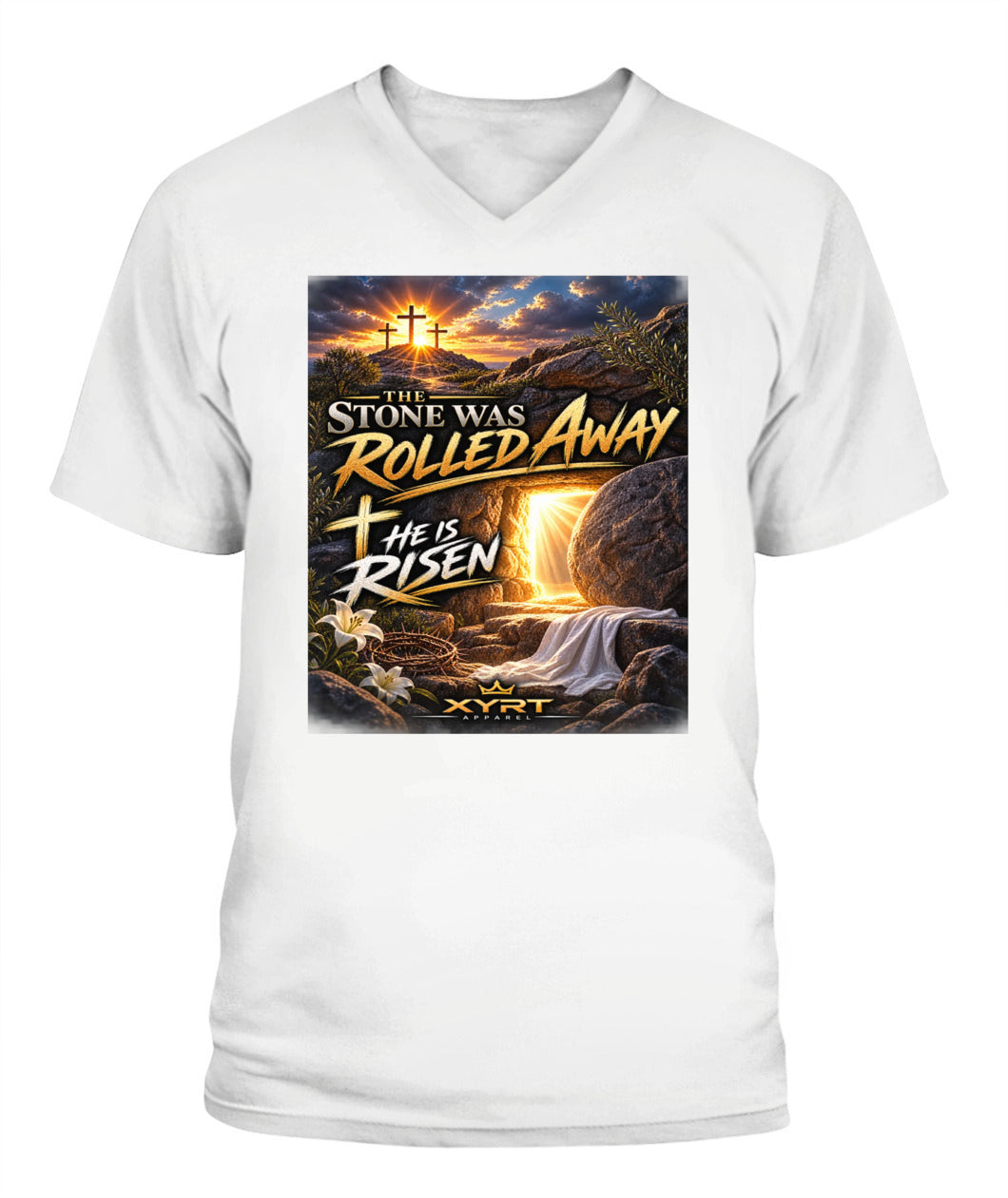 XYRT Apparel Faith Collection - 'He has Risen' Mens V-Neck T-Shirt 