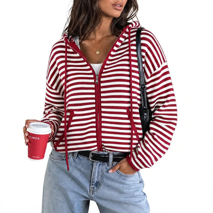 Fisoew Womens Striped Zip up Hoodie Long Sleeve Cardigan Sweatshirts Oversized Crop Sweaters Jackets Y2K Fall Outfits,Clothes for Back to School,First Day of School Outfits