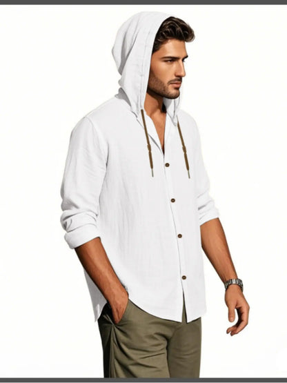 Men'S Fashion Classic Casual Street Wear Beach Outdoor Hooded Long Sleeve Cardigan, Breathable Lightweight Linen Fabric Shirt, 95% Linen 5% Polyester, All Seasons Wear Menswear