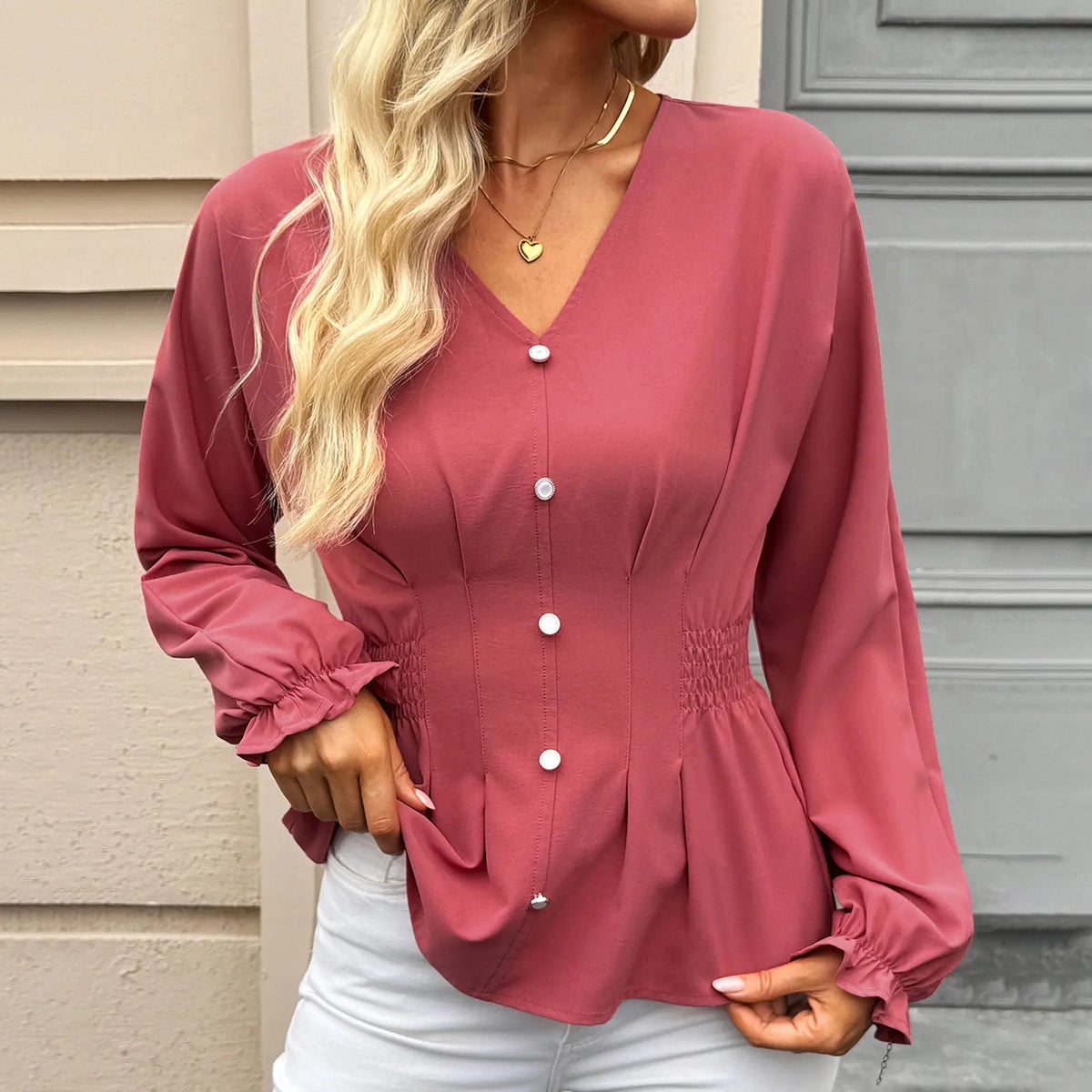 EVALESS Women'S Fitted V Neck Tops Button Long Sleeve Solid Color Blouse 2026 Womenswear Deals for You Days Summer Outfits,Back to School,Back to School Shopping