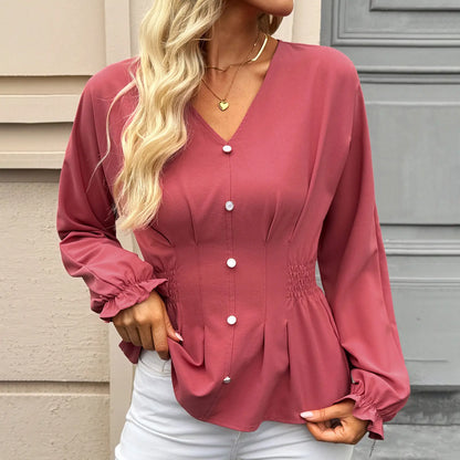 EVALESS Women'S Fitted V Neck Tops Button Long Sleeve Solid Color Blouse 2026 Womenswear Deals for You Days Summer Outfits,Back to School,Back to School Shopping