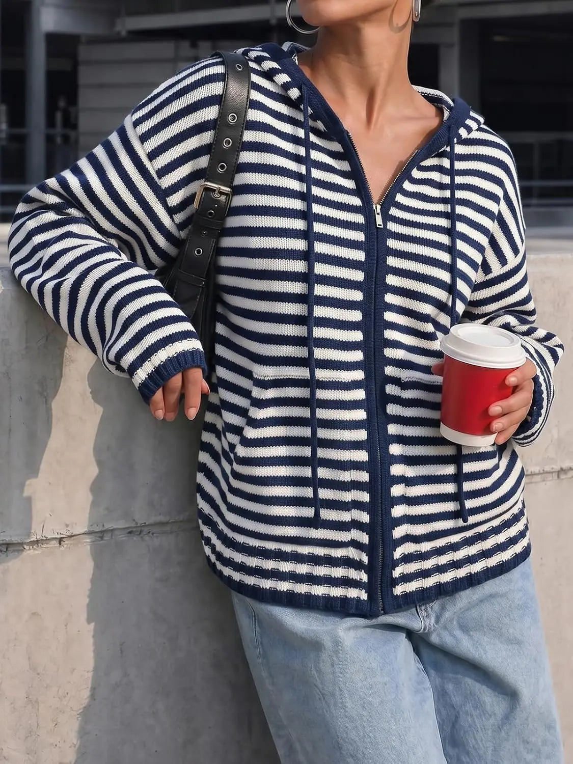 Fisoew Womens Striped Zip up Hoodie Long Sleeve Cardigan Sweatshirts Oversized Crop Sweaters Jackets Y2K Fall Outfits,Clothes for Back to School,First Day of School Outfits