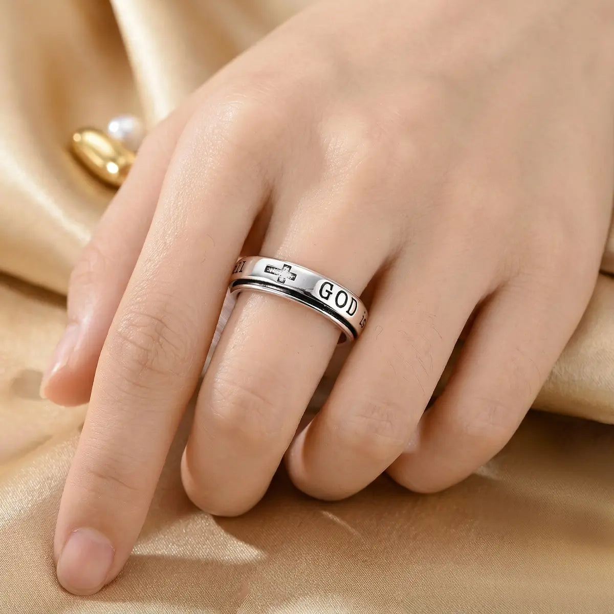 MULA Women'S 925 Silver-Plated Spinner Ring, Christian Fidget Jewelry with Engraved Psalm 46:5 Verse and Holy Cross for Anxiety Relief, Inspirational Message Gift for Resilience, Strength, Gift of Encouragement, Calming Spinner