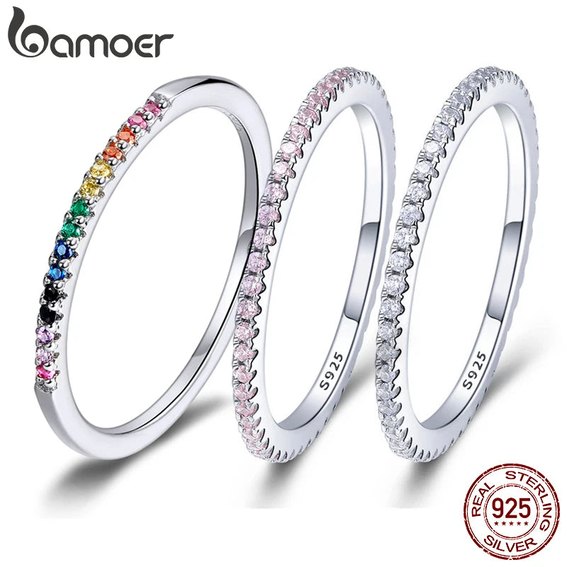 925 Sterling Silver Full Paved Simulated Diamond Stackable Rings, Women Gold Plated Engagement Eternity Bands Colored CZ
