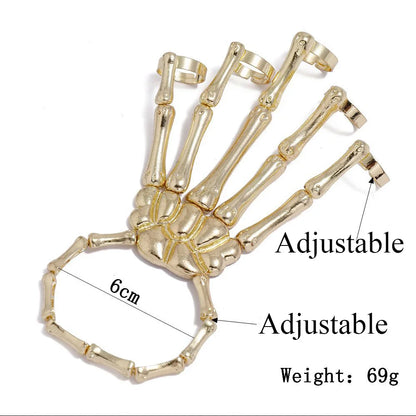 Gothic Skeleton Bone Hand Bracelet with Ring Unisex Punk Style Adjustable Metal Skull Finger Bangle Bracelet for Women Men