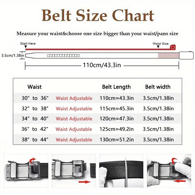 Original Genuine Leather Cowhide Belt for Men - Adjustable Automatic Buckle Versatile Casual Business Style Durable Alloy Buckle