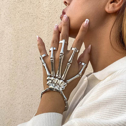 Gothic Skeleton Bone Hand Bracelet with Ring Unisex Punk Style Adjustable Metal Skull Finger Bangle Bracelet for Women Men