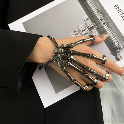 Gothic Skeleton Bone Hand Bracelet with Ring Unisex Punk Style Adjustable Metal Skull Finger Bangle Bracelet for Women Men