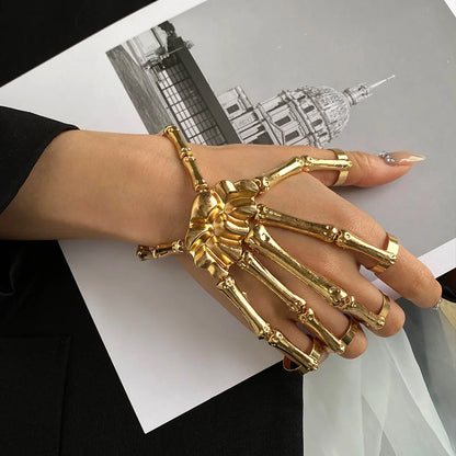 Gothic Skeleton Bone Hand Bracelet with Ring Unisex Punk Style Adjustable Metal Skull Finger Bangle Bracelet for Women Men