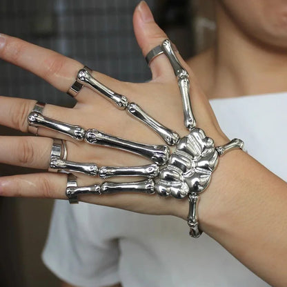Gothic Skeleton Bone Hand Bracelet with Ring Unisex Punk Style Adjustable Metal Skull Finger Bangle Bracelet for Women Men