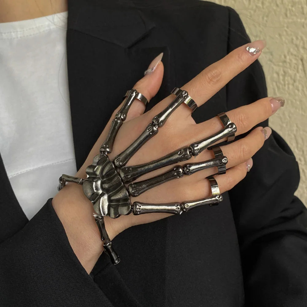 Gothic Skeleton Bone Hand Bracelet with Ring Unisex Punk Style Adjustable Metal Skull Finger Bangle Bracelet for Women Men