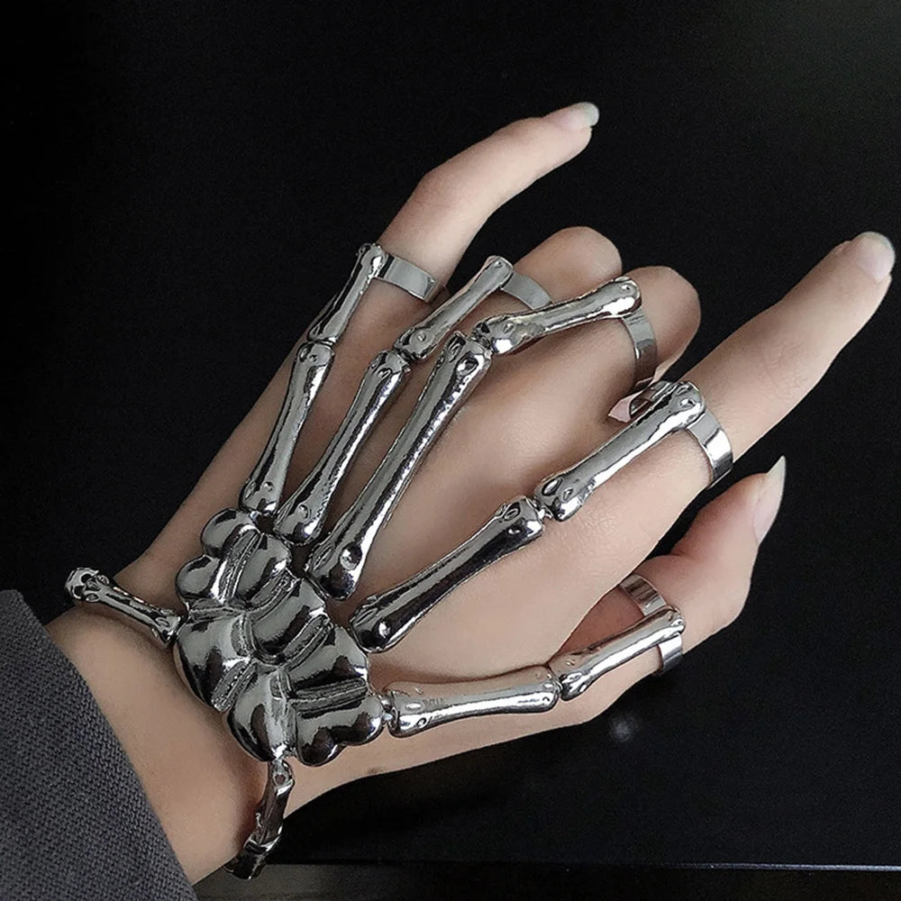 Gothic Skeleton Bone Hand Bracelet with Ring Unisex Punk Style Adjustable Metal Skull Finger Bangle Bracelet for Women Men