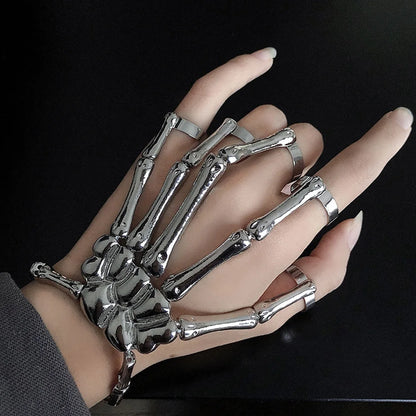Gothic Skeleton Bone Hand Bracelet with Ring Unisex Punk Style Adjustable Metal Skull Finger Bangle Bracelet for Women Men